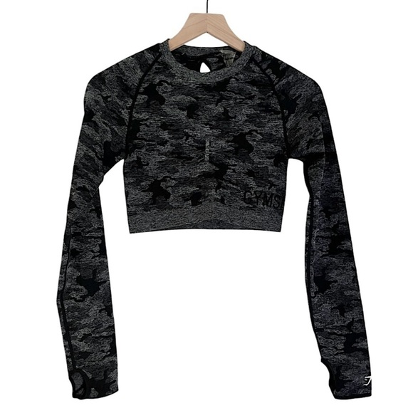 Gymshark Women’s Adapt Camo Seamless Long Sleeve Crop Top‎ Grey Black Medium - Picture 1 of 7